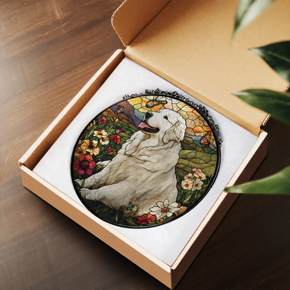White Great Pyrenees Dog with Flowers stained glass suncatcher – flat printed artwork design