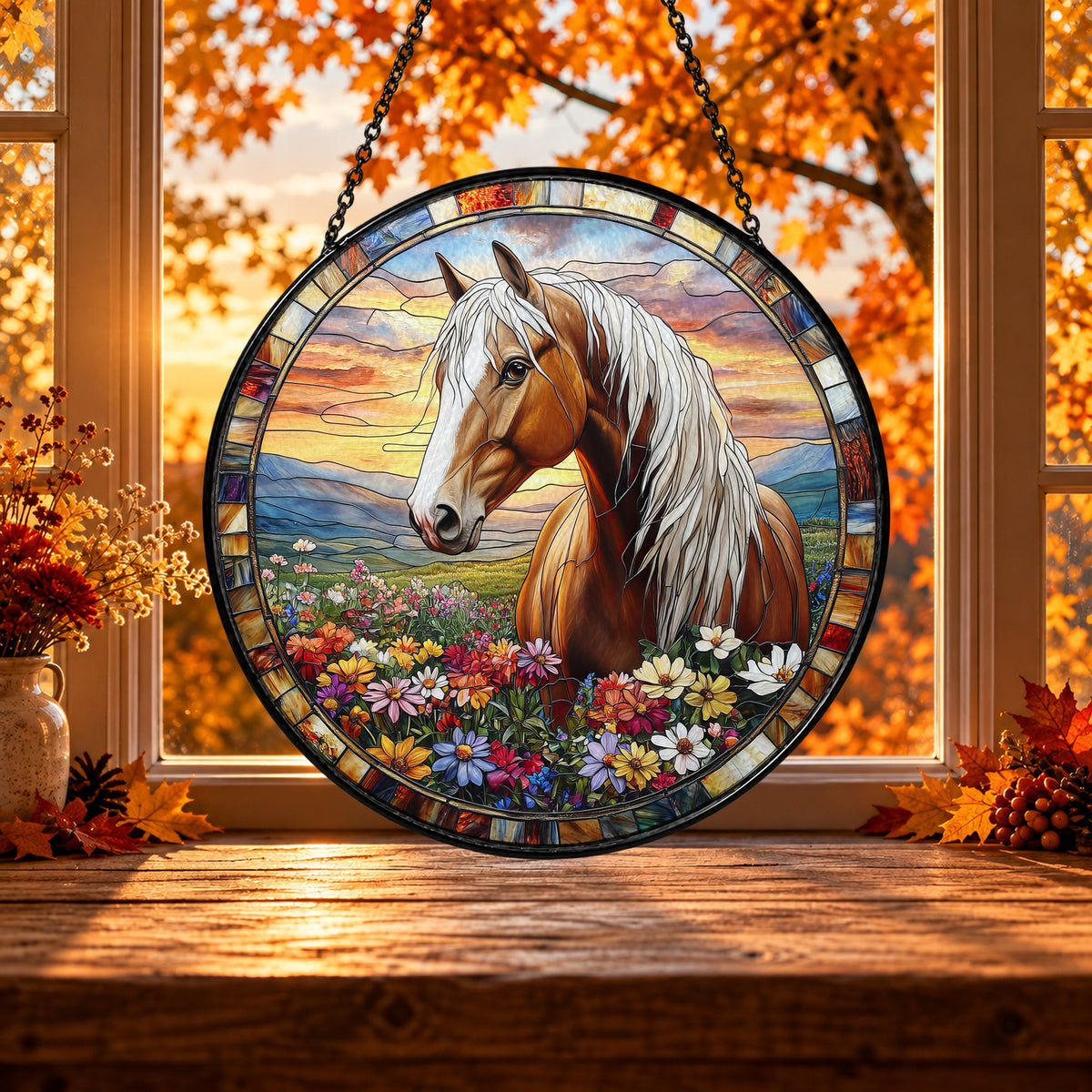 White Horse in Summer Wildflower Field stained glass window suncatcher – third gallery view