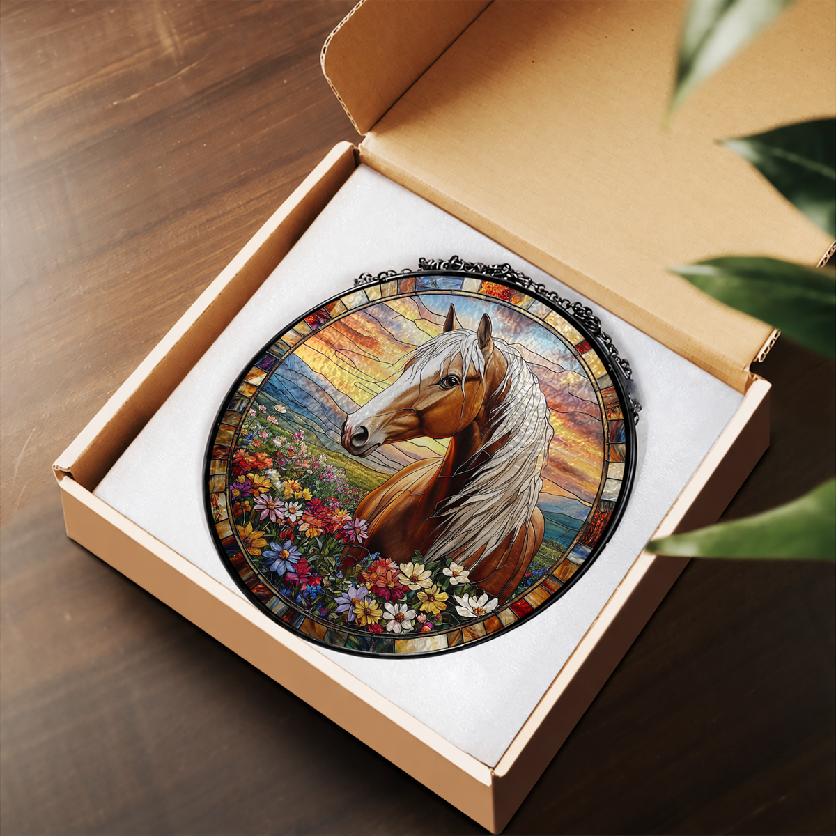 White Horse in Summer Wildflower Field stained glass suncatcher – flat printed artwork design