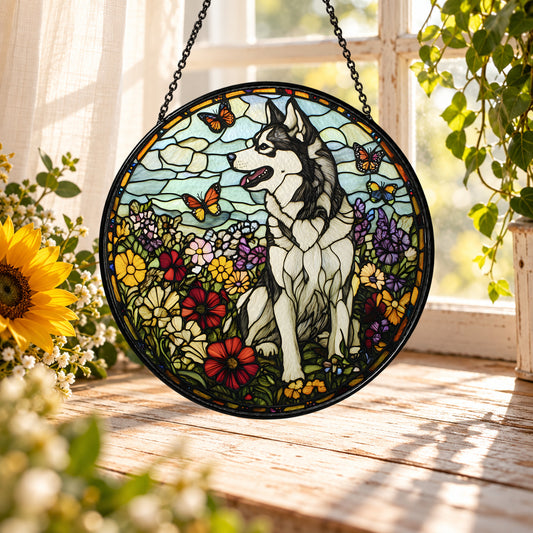 White Horse with Red Wildflowers stained glass suncatcher window hanging – front design view