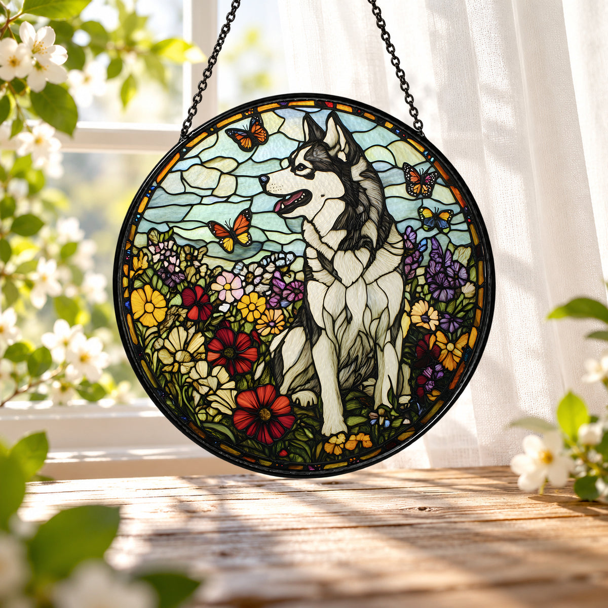 White Horse with Red Wildflowers stained glass window suncatcher – third gallery view