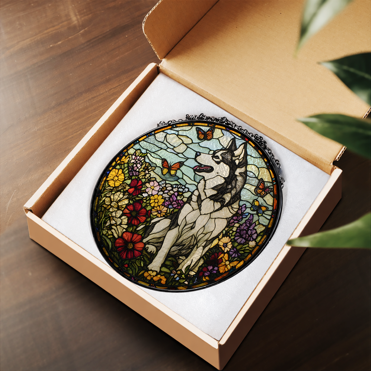 White Horse with Red Wildflowers stained glass suncatcher – flat printed artwork design