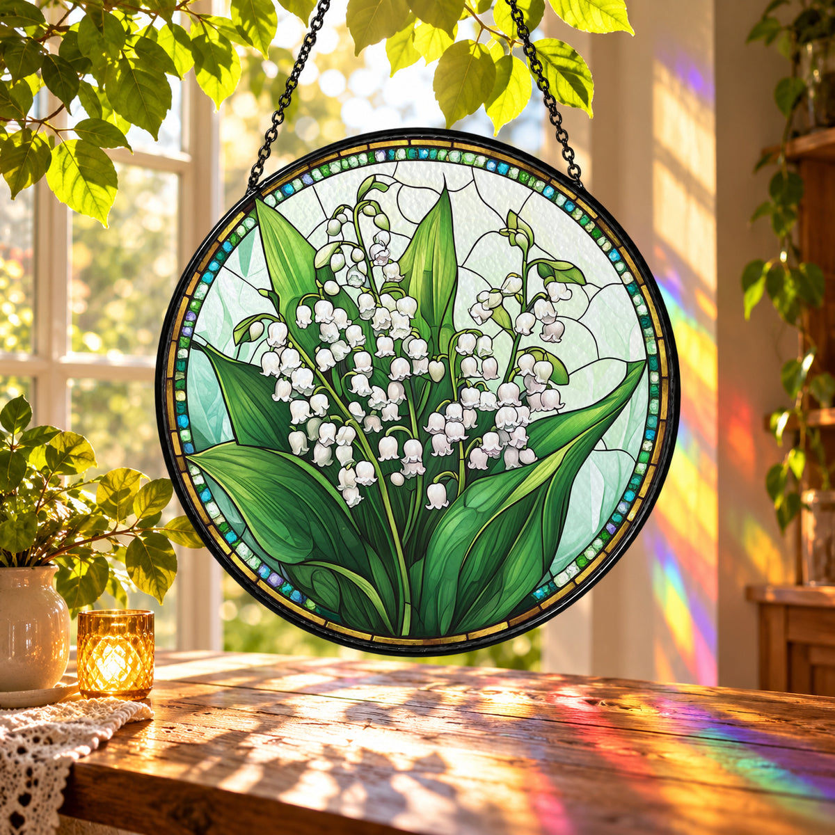 White Lily of the Valley Bouquet stained glass suncatcher window hanging – front design view