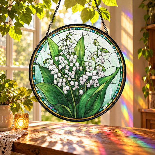 White Lily of the Valley Bouquet stained glass suncatcher window hanging – front design view