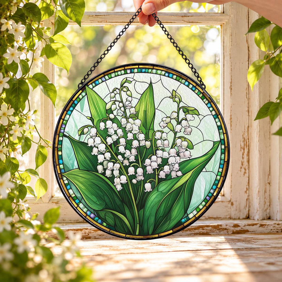White Lily of the Valley Bouquet round stained glass window hanging – second gallery view