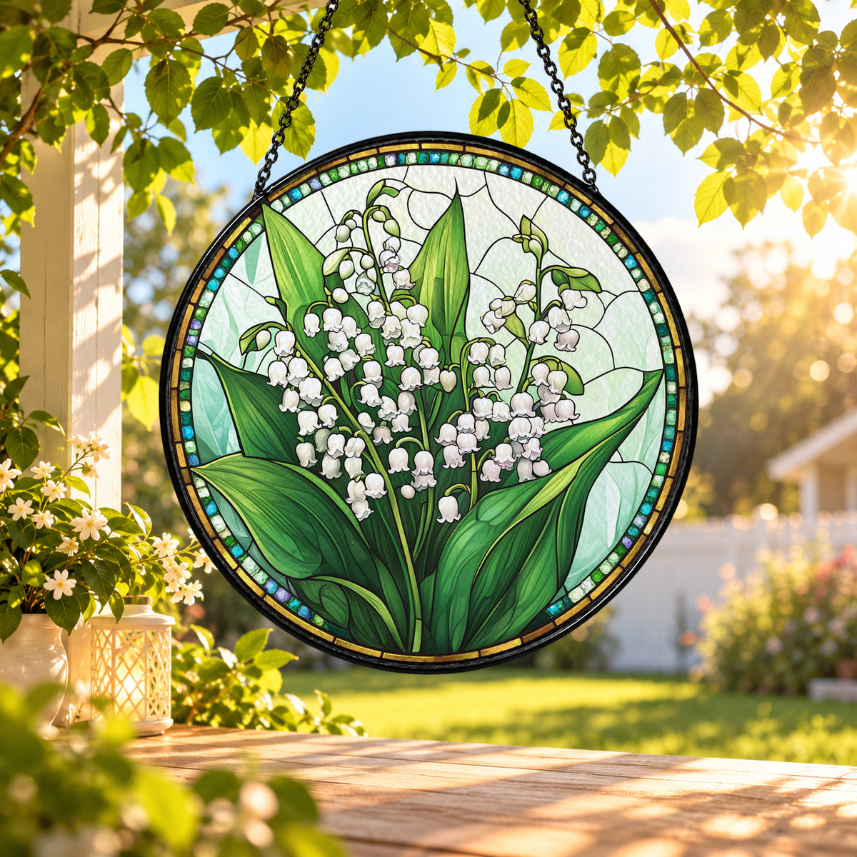 White Lily of the Valley Bouquet stained glass window suncatcher – third gallery view