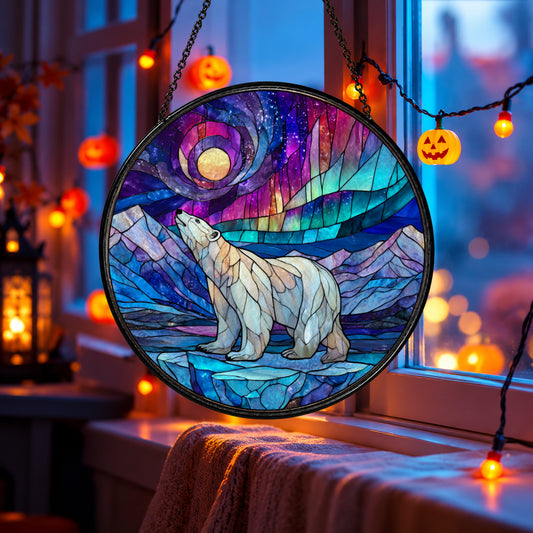 White Polar Bear under Aurora Sky stained glass suncatcher window hanging – front design view