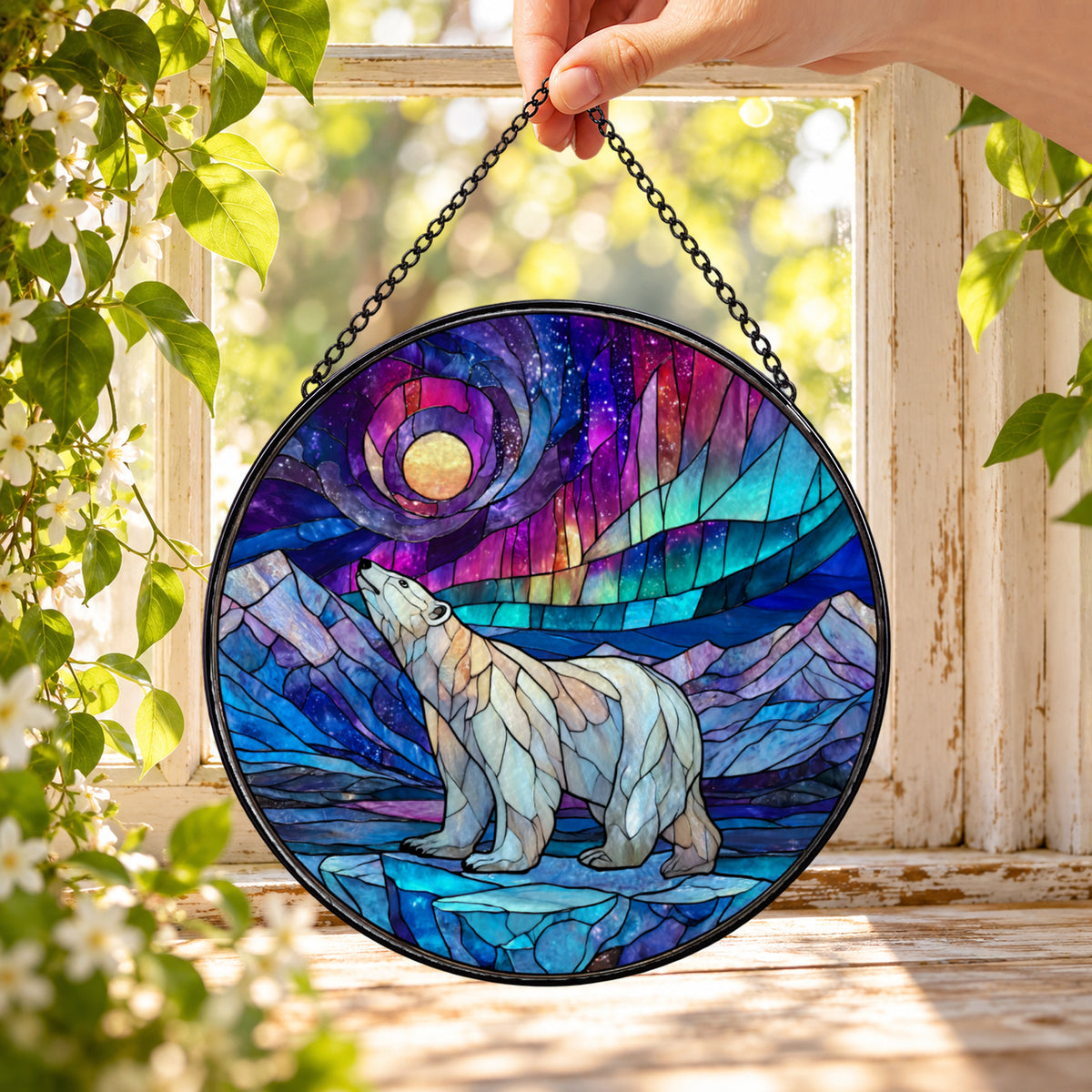 White Polar Bear under Aurora Sky round stained glass window hanging – second gallery view