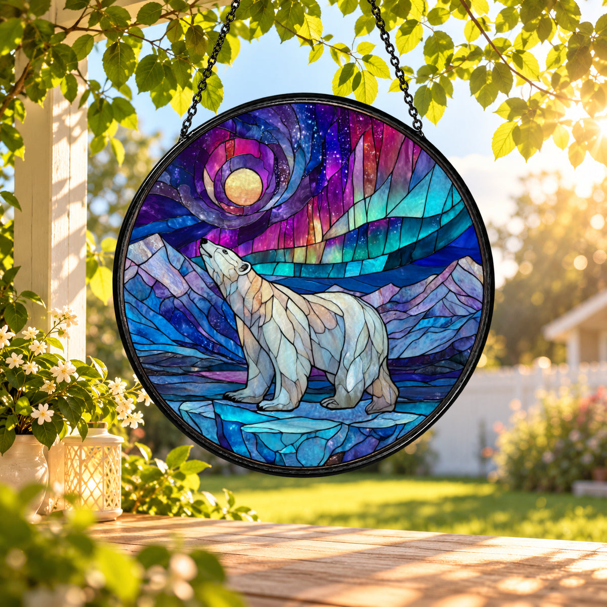 White Polar Bear under Northern Lights stained glass window suncatcher – third gallery view