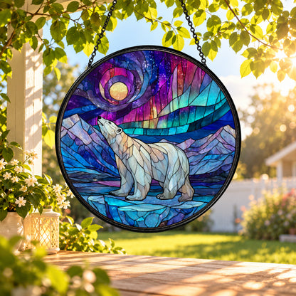 White Polar Bear under Northern Lights stained glass window suncatcher – third gallery view