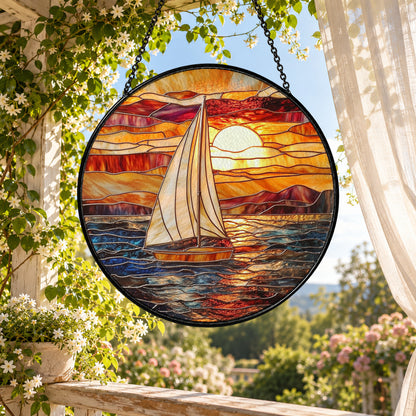 White Sailboat on Sunset Ocean stained glass suncatcher window hanging – front design view