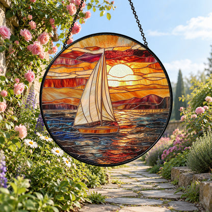 White Sailboat on Sunset Ocean stained glass window suncatcher – third gallery view
