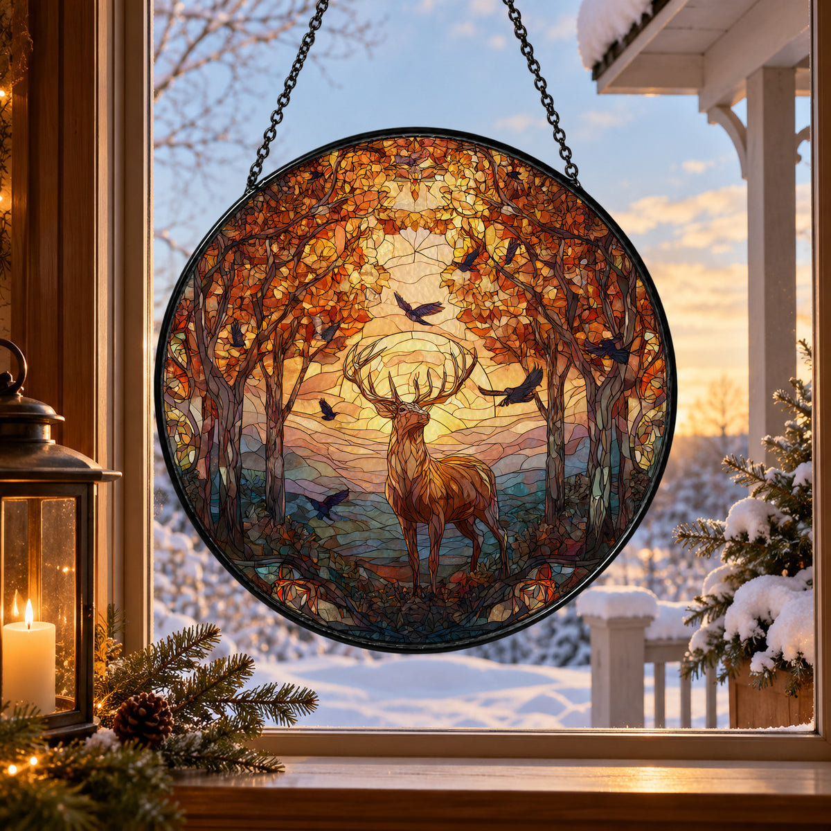 White Tailed Deer in Autumn Forest stained glass suncatcher window hanging – front design view