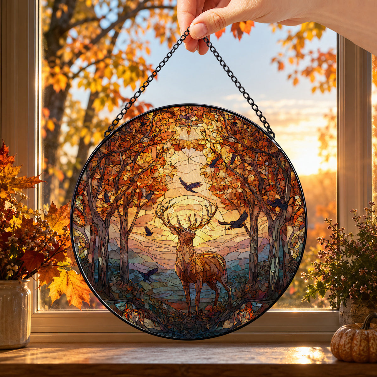 White Tailed Deer in Autumn Forest round stained glass window hanging – second gallery view