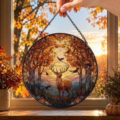 White Tailed Deer in Autumn Forest round stained glass window hanging – second gallery view