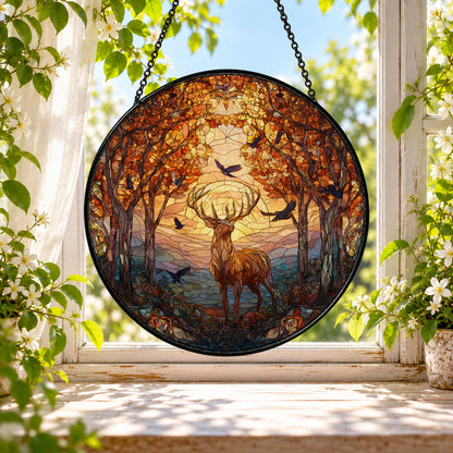White Tailed Deer in Autumn Forest stained glass window suncatcher – third gallery view