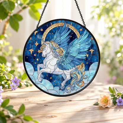 White Winged Pegasus beneath Stars stained glass suncatcher window hanging – front design view