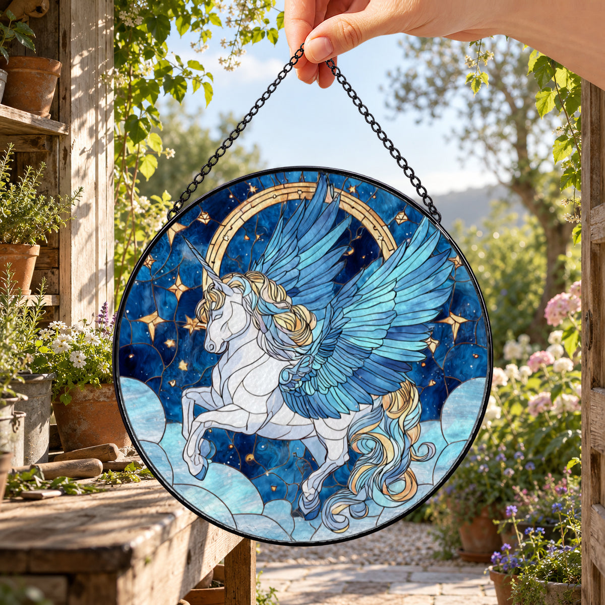 White Winged Pegasus beneath Stars round stained glass window hanging – second gallery view