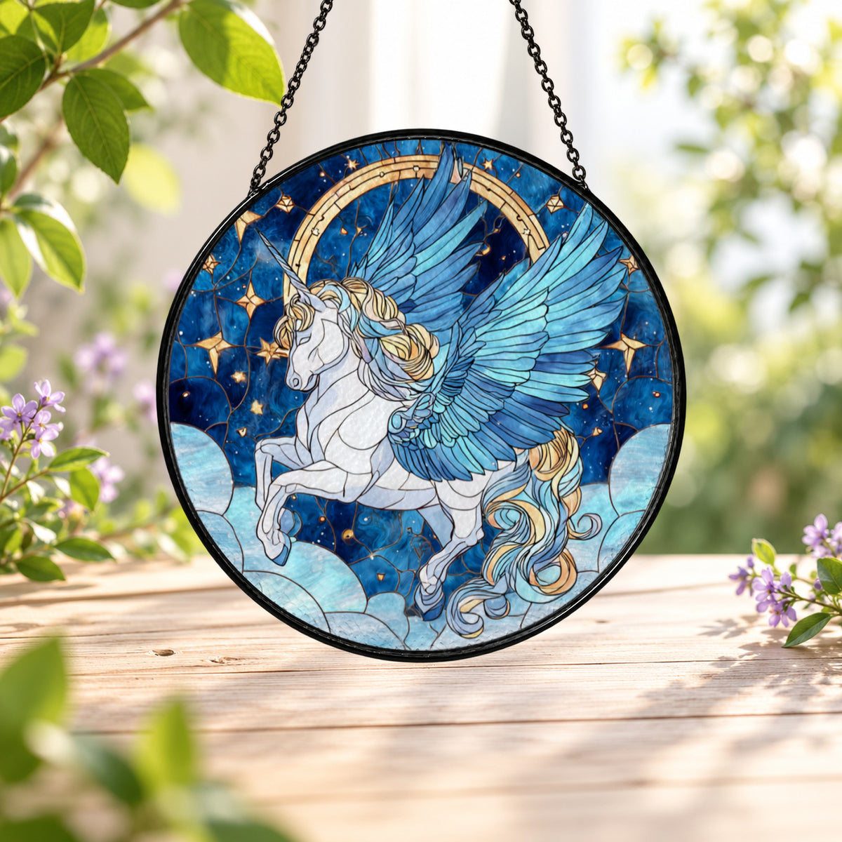 White Winged Pegasus beneath Stars stained glass window suncatcher – third gallery view