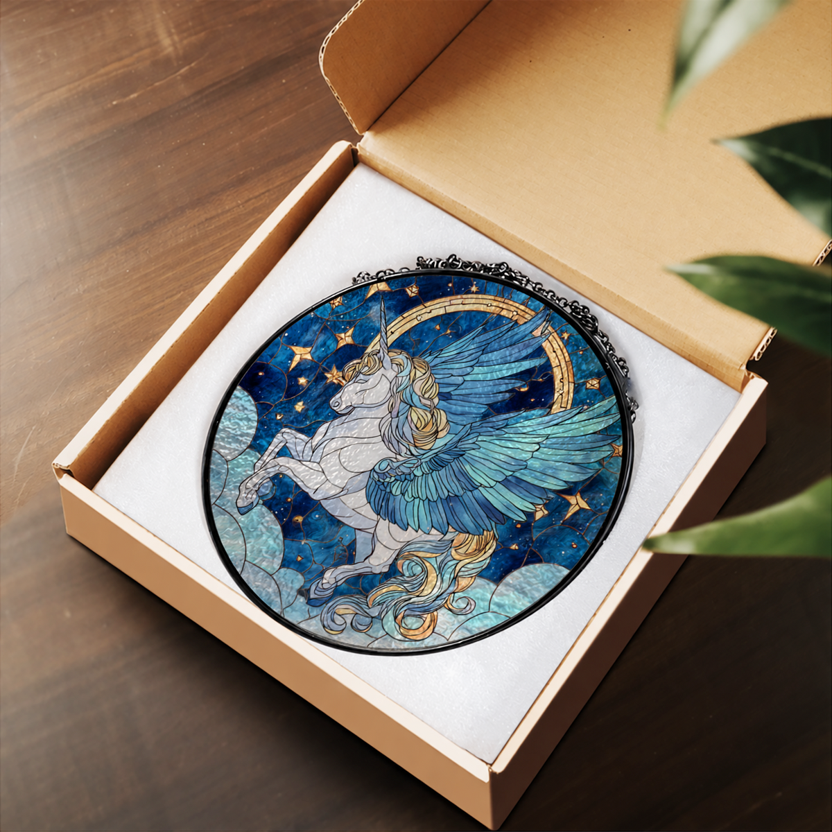 White Winged Pegasus beneath Stars stained glass suncatcher – flat printed artwork design