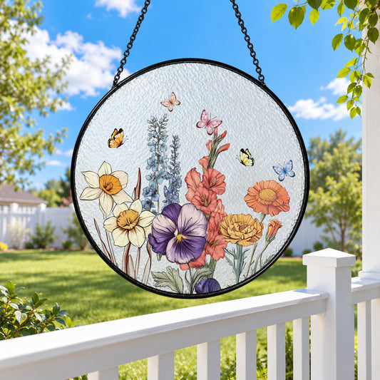 Wildflowers and Butterfly Garden stained glass suncatcher window hanging – front design view