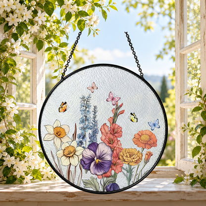 Wildflowers and Butterfly Garden round stained glass window hanging – second gallery view