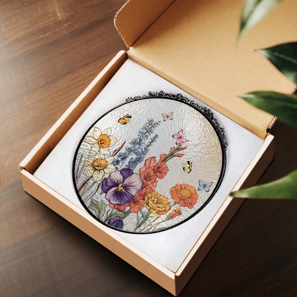 Wildflowers and Butterfly Garden stained glass suncatcher – flat printed artwork design