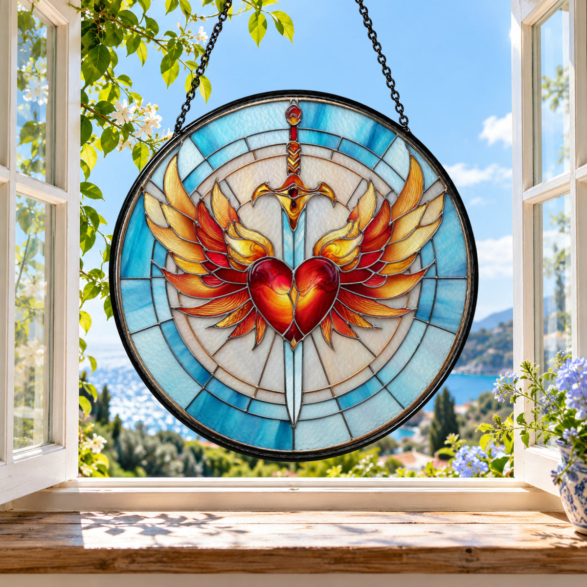 Winged Heart with Rainbow Sunrays stained glass suncatcher window hanging – front design view
