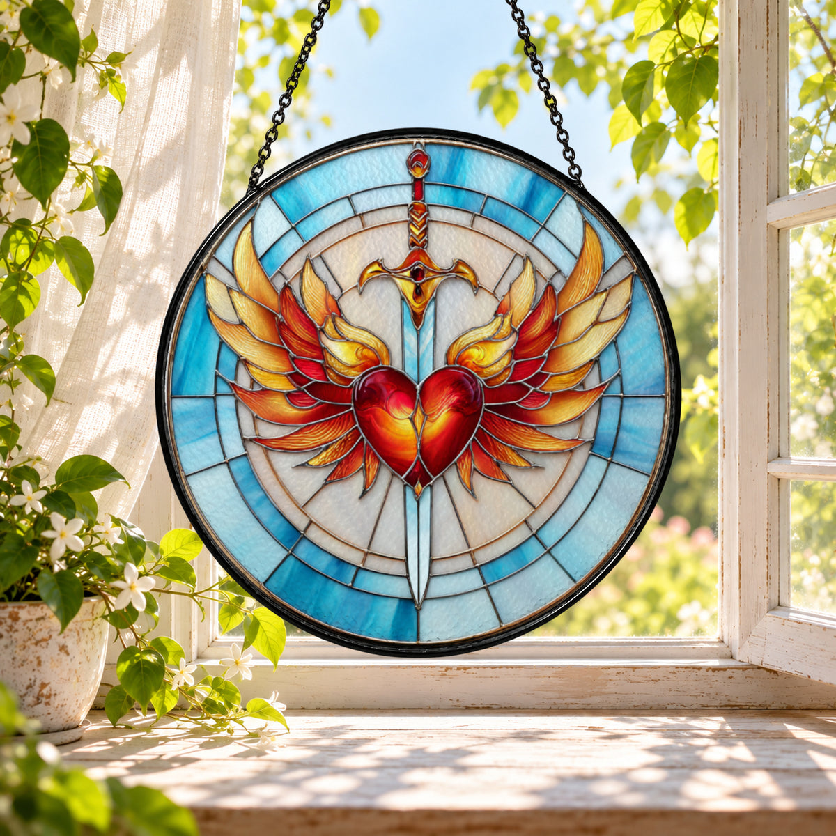 Winged Heart with Rainbow Sunrays stained glass window suncatcher – third gallery view