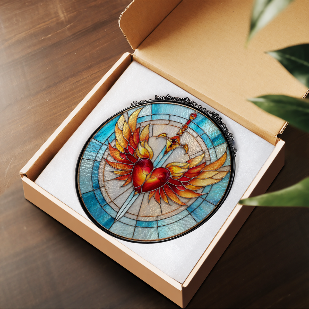 Winged Heart with Rainbow Sunrays stained glass suncatcher – flat printed artwork design
