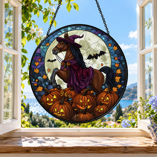 Witch with Pumpkins in Moonlight stained glass suncatcher window hanging – front design view