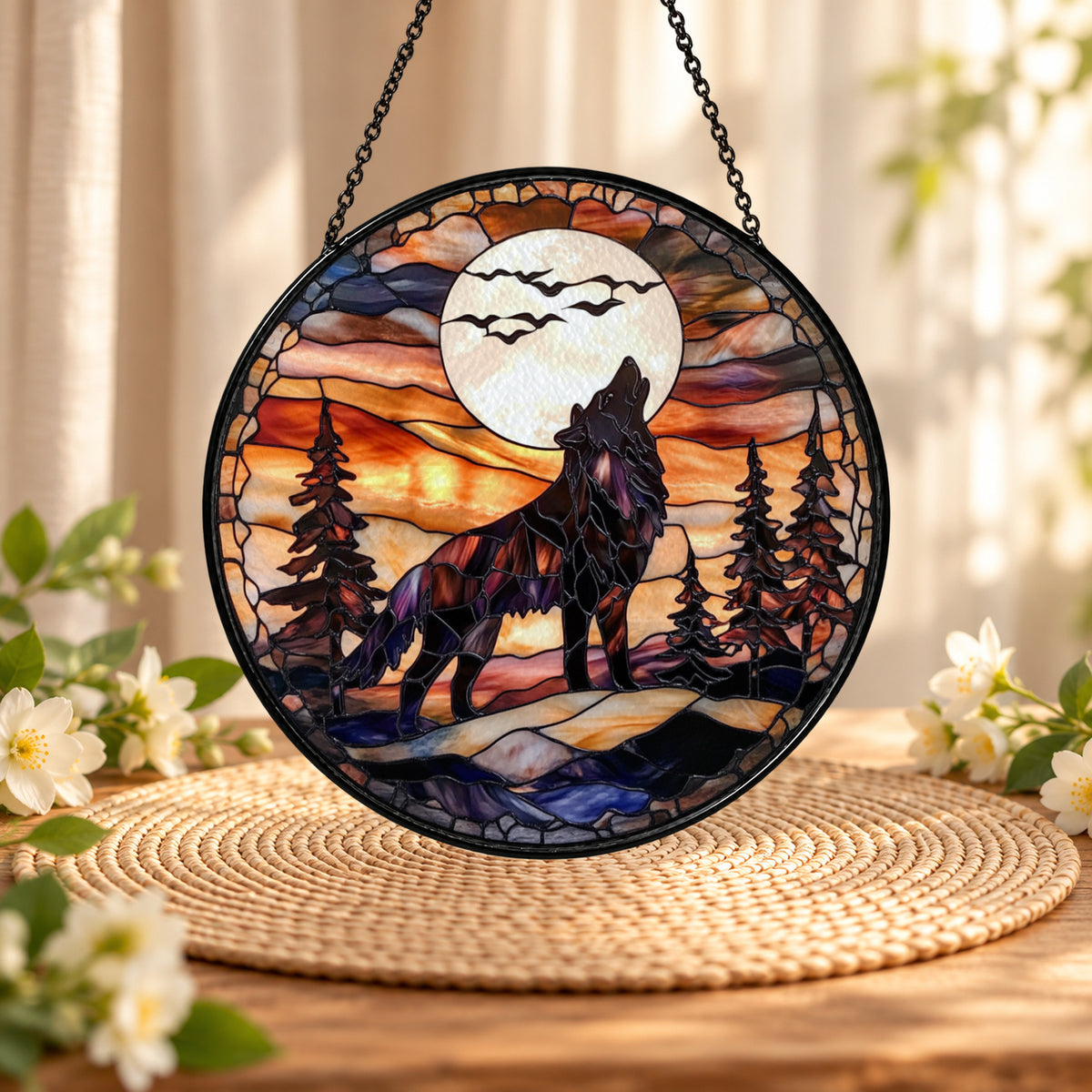 Wolf Howling at Full Moon stained glass suncatcher window hanging – front design view