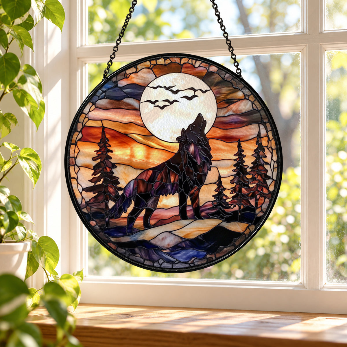Wolf Howling at Full Moon stained glass window suncatcher – third gallery view