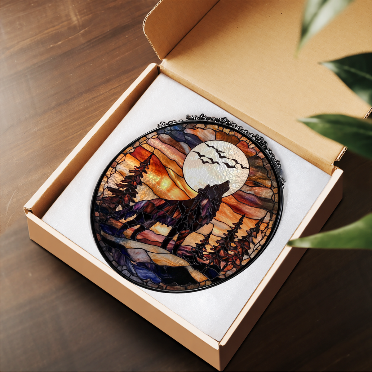 Wolf Howling at Full Moon stained glass suncatcher – flat printed artwork design