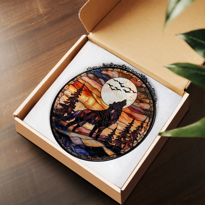 Wolf Howling at Full Moon stained glass suncatcher – flat printed artwork design
