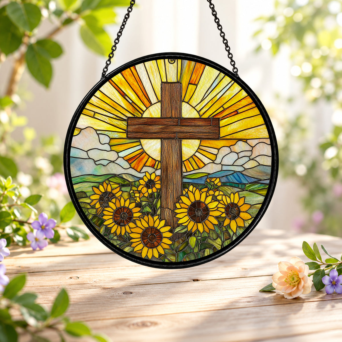 Wooden Cross and Sunflowers stained glass suncatcher window hanging – front design view