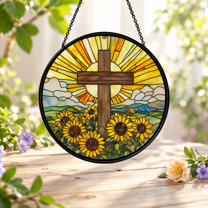 Wooden Cross and Sunflowers stained glass suncatcher window hanging – front design view