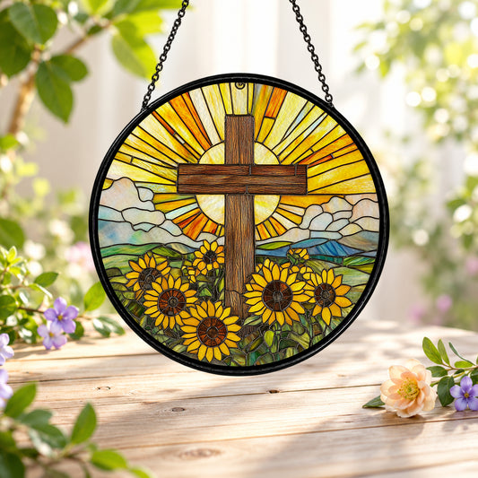 Wooden Cross and Sunflowers stained glass suncatcher window hanging – front design view