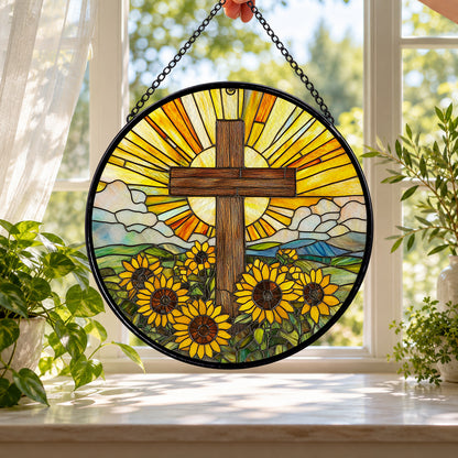Wooden Cross and Sunflowers round stained glass window hanging – second gallery view