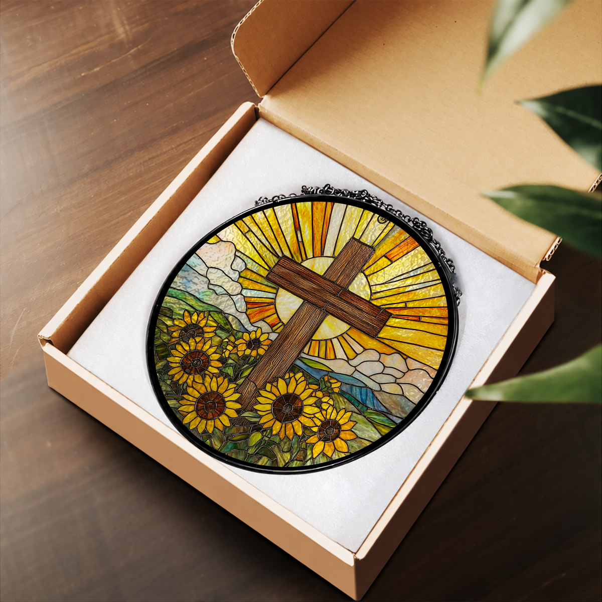 Wooden Cross and Sunflowers stained glass suncatcher – flat printed artwork design