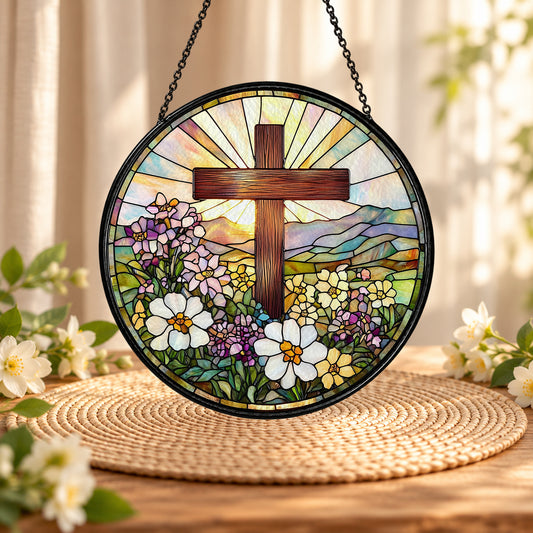 Wooden Cross with White Daisies stained glass suncatcher window hanging – front design view