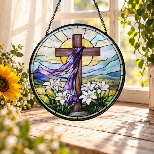 Wooden Cross with White Easter Lilies stained glass suncatcher window hanging – front design view