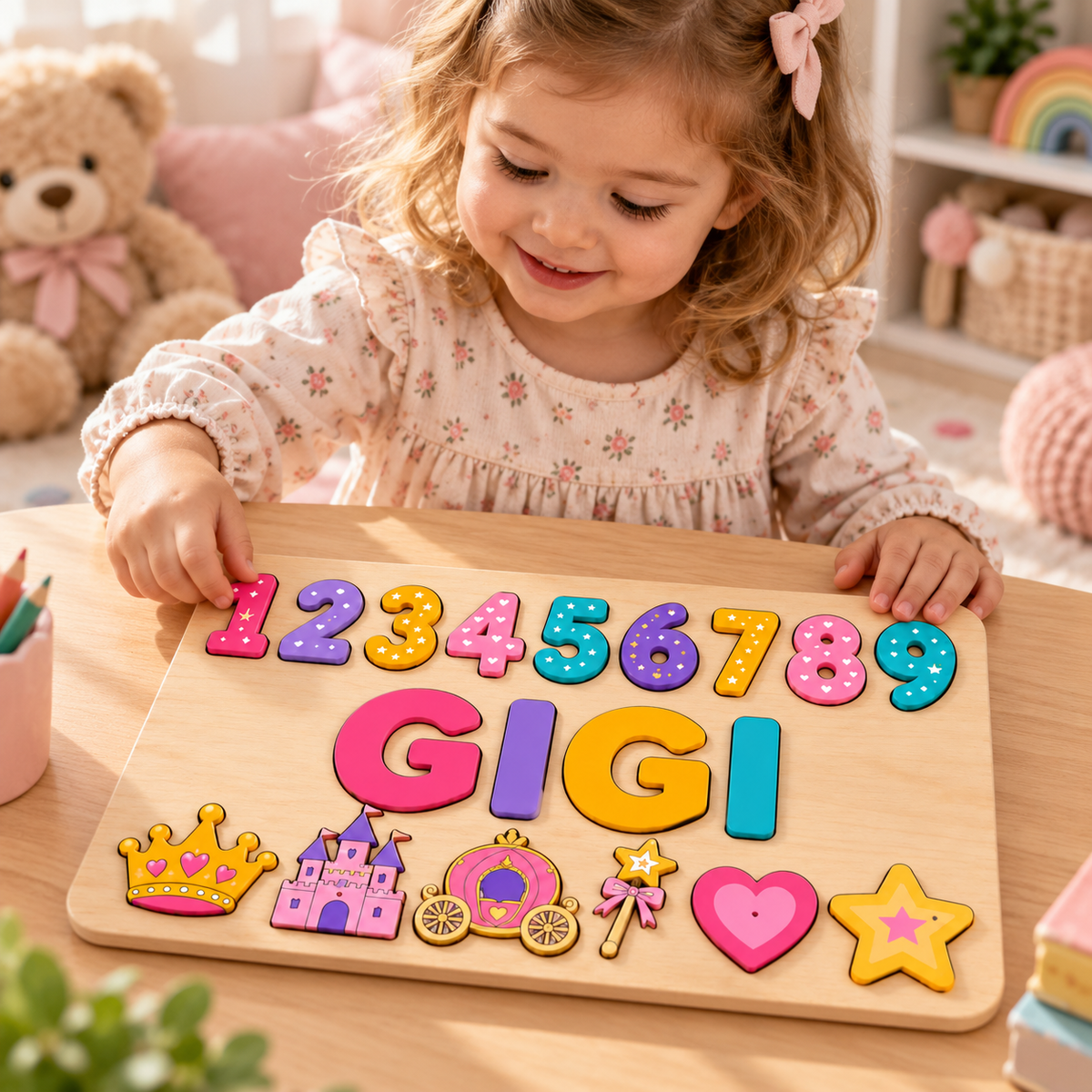 Personalized wooden name puzzle board design 001 – product photo 2