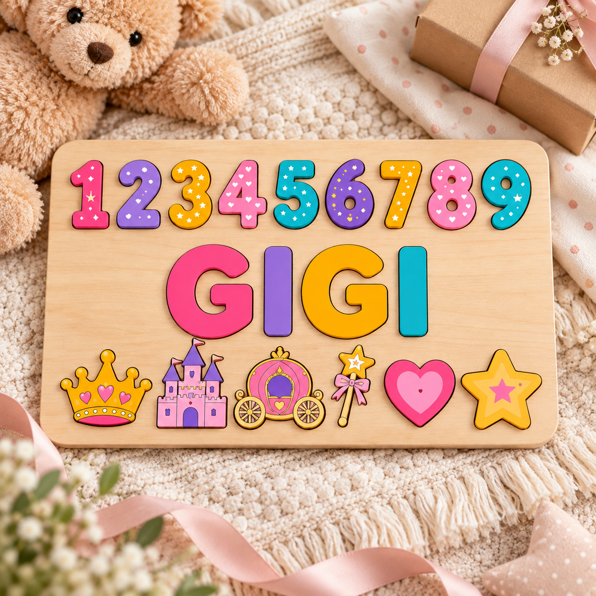 Personalized wooden name puzzle board design 001 – product photo 3