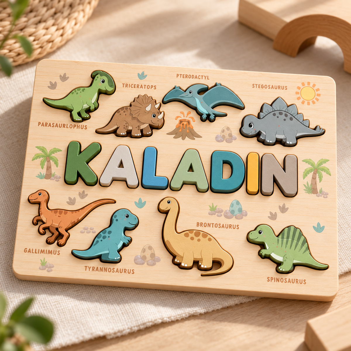 Personalized dinosaur wooden name puzzle – front mockup with custom name