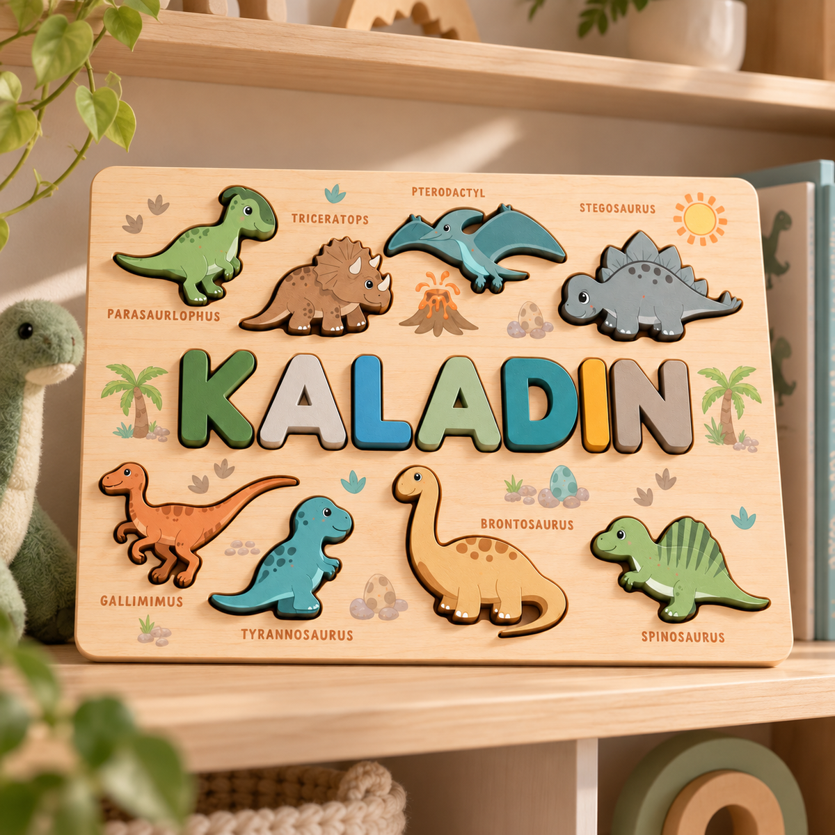 Personalized dinosaur wooden name board – close-up display