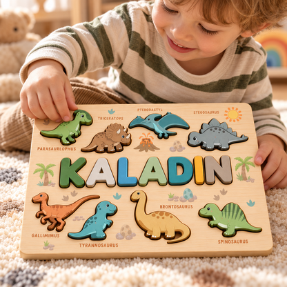 Dinosaur wooden name puzzle personalized gift – lifestyle mockup