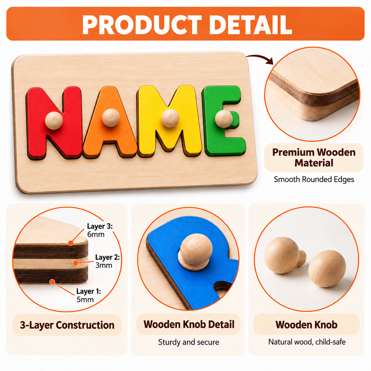 Wooden name puzzle material and knob option details