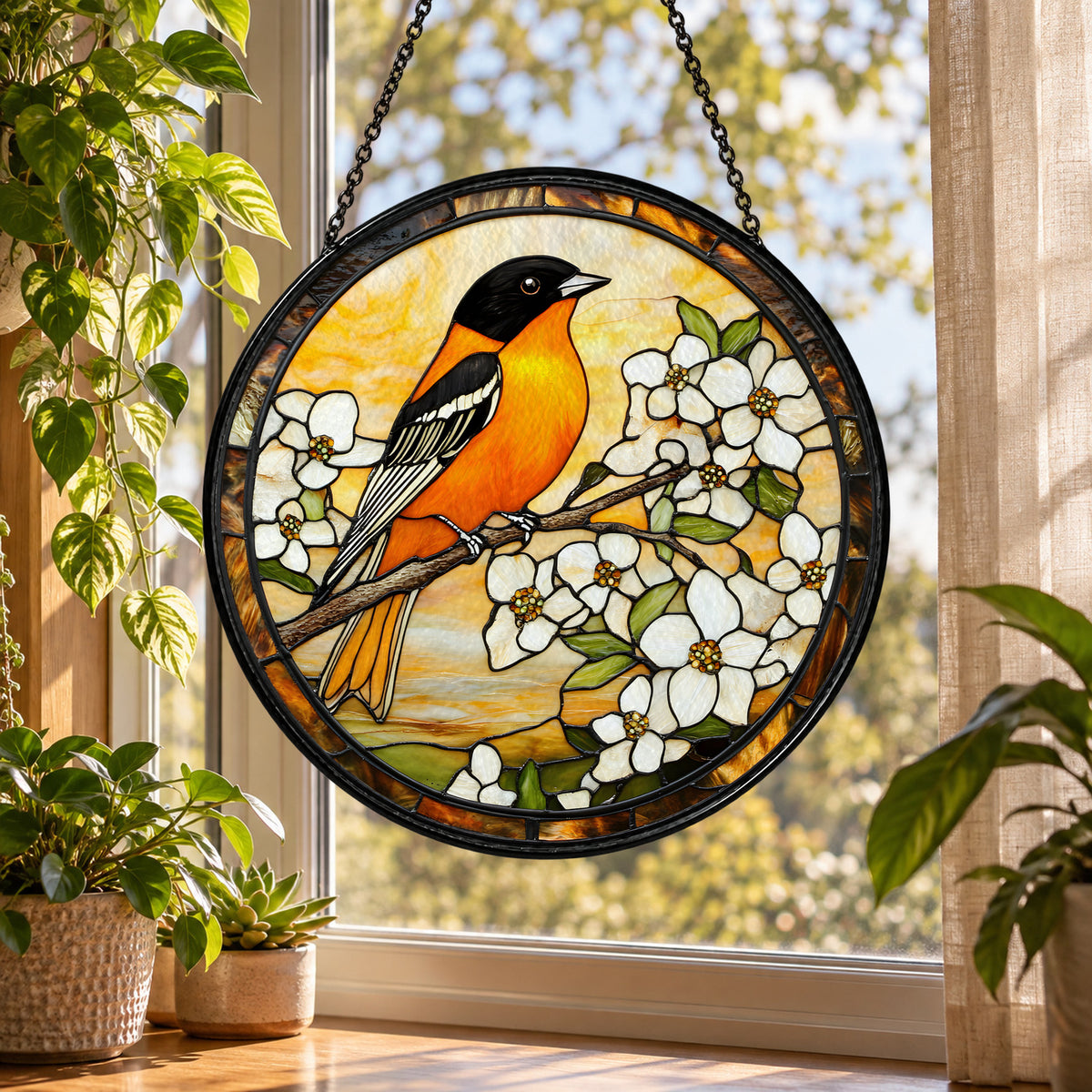 Yellow Oriole Bird on White Flower Branch stained glass suncatcher window hanging – design view