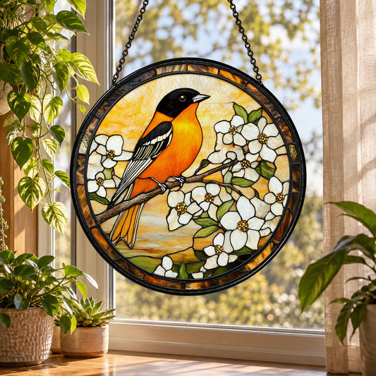 Yellow Oriole Bird on White Flower Branch stained glass suncatcher window hanging – design view